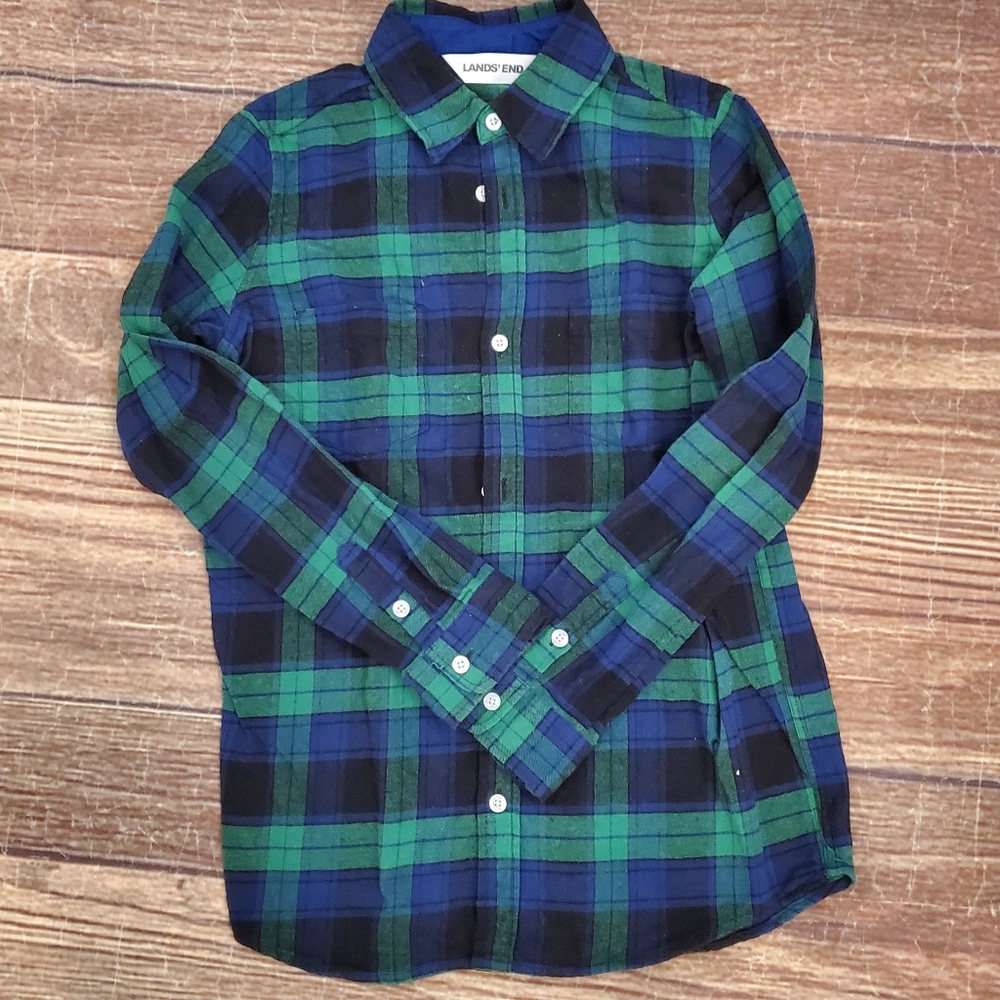 Lands' End Kids Blue and Green Plaid Shirt 14-16 NWOT